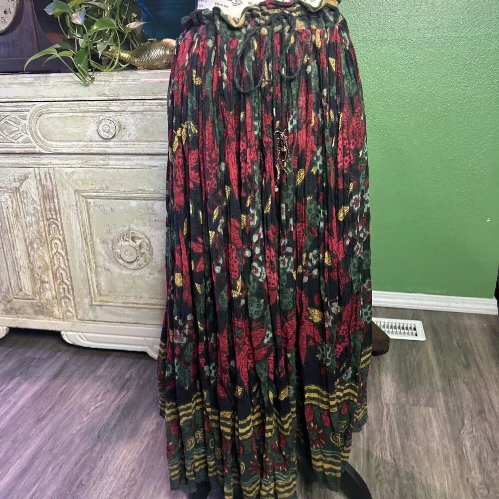 Vintage Just Classics Boho Broomstick Maxi Skirt M India Festival Crinkle Cotton